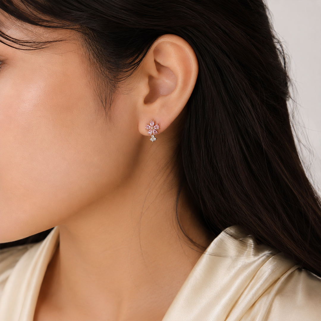 Mini Pink Petal Drop Earrings Pure 925 Silver
