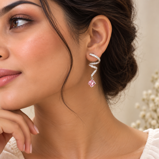 Spiral Pink Crystal Drop Pure 925 Silver Earrings Taravya