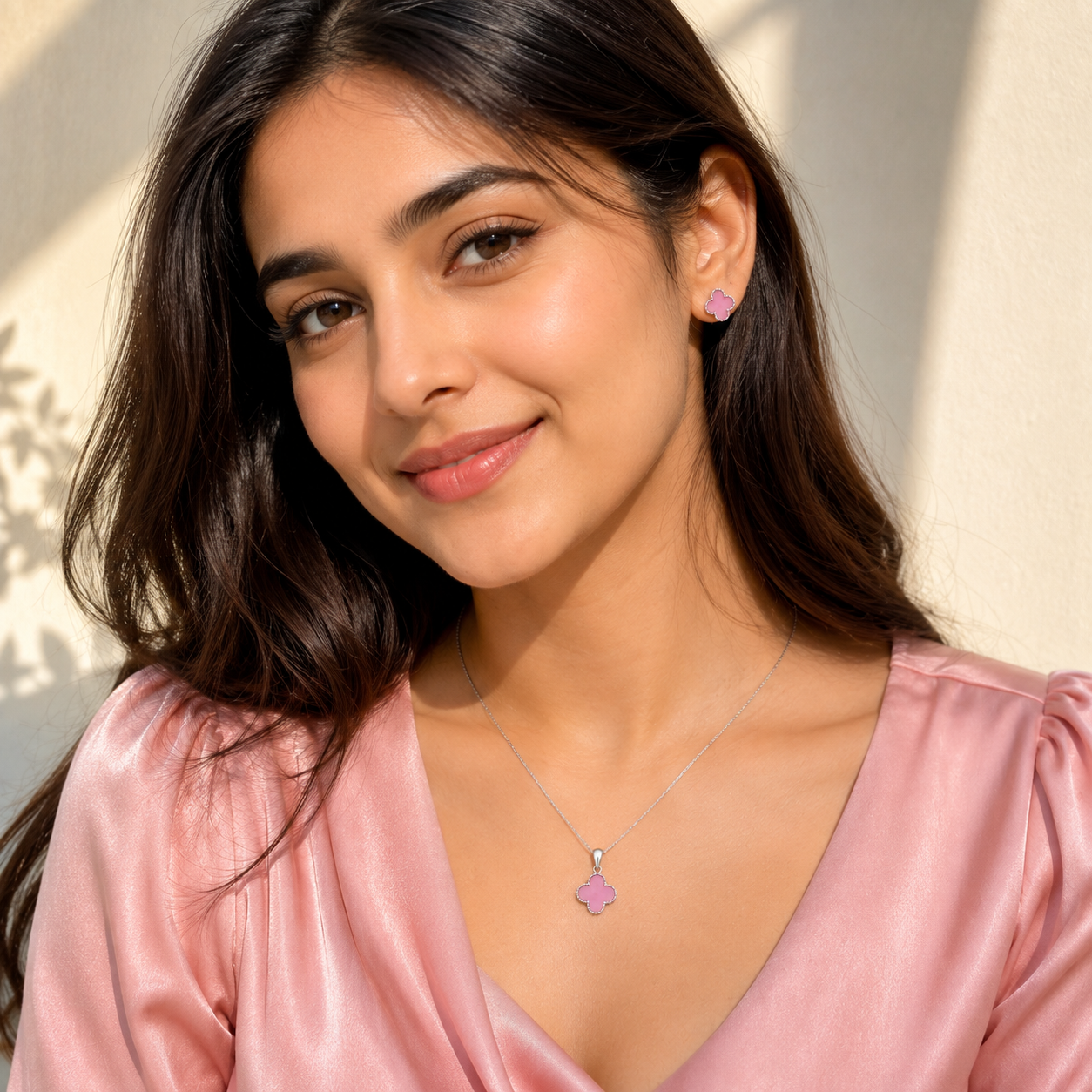 Pink Clover Pendant and Earrings