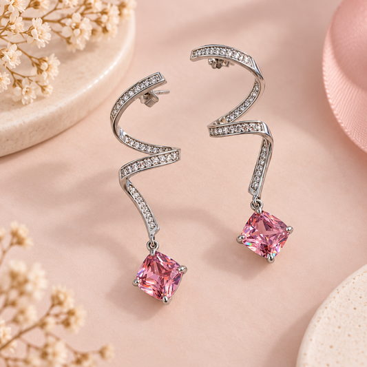 Spiral Pink Crystal Drop Pure 925 Silver Earrings Taravya
