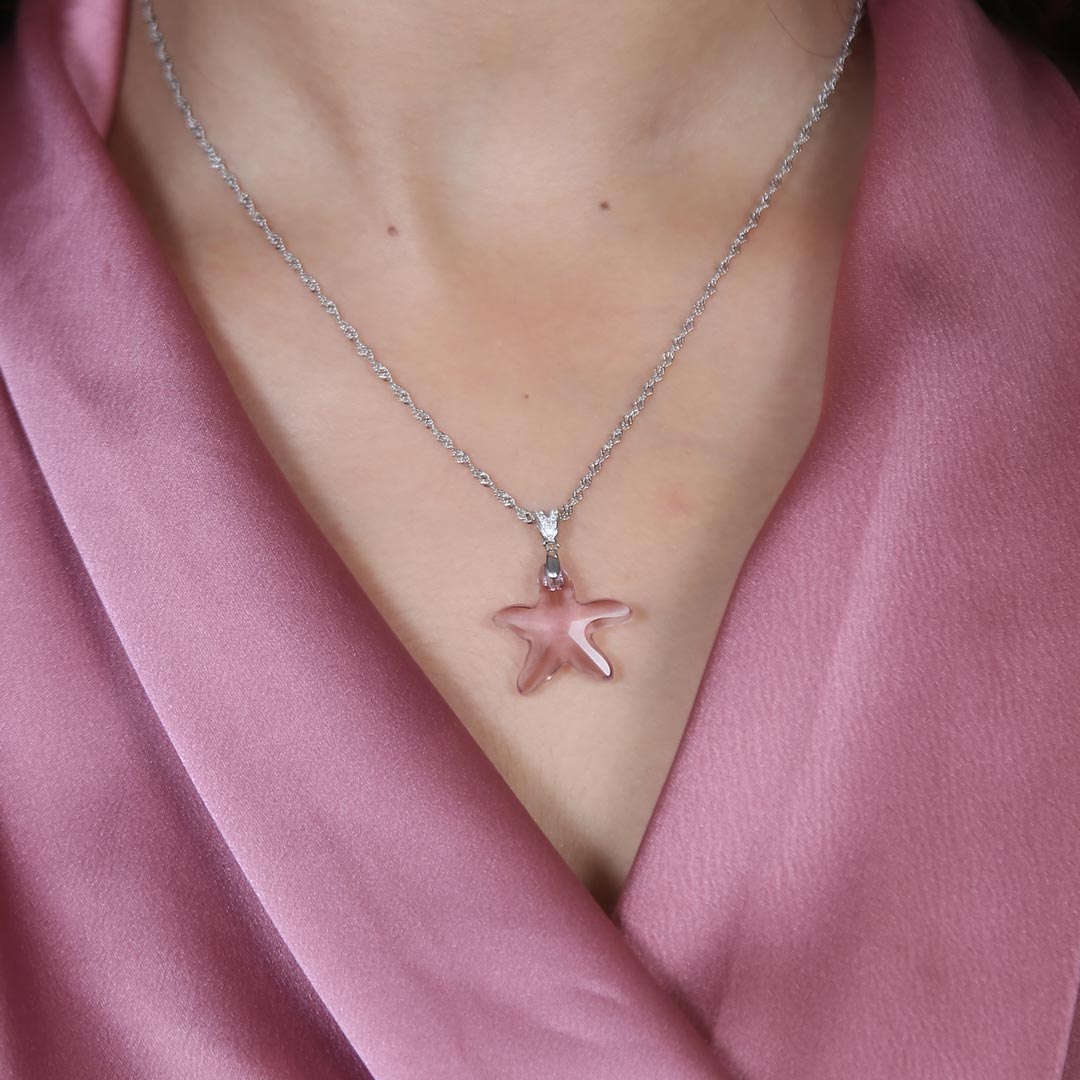 Purple Crystal Star Pendant Necklace Pure 925 Silver