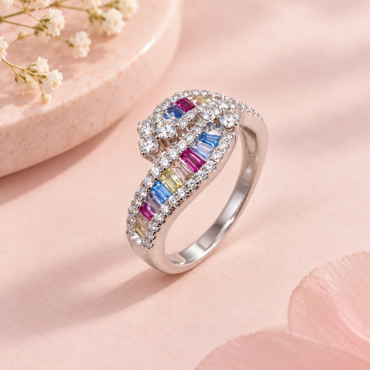 Rainbow Silver Crossover Ring