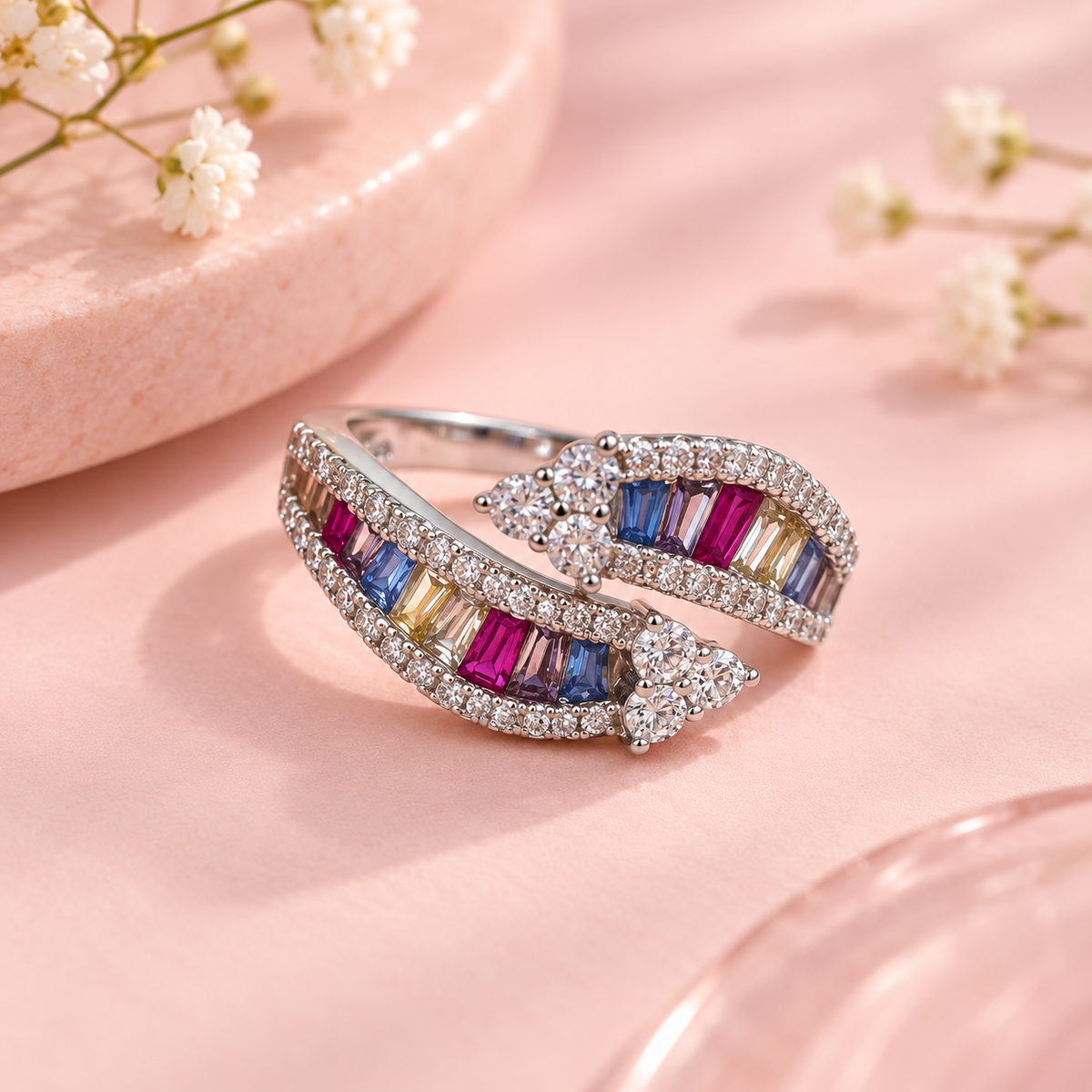 Rainbow Silver Crossover Ring