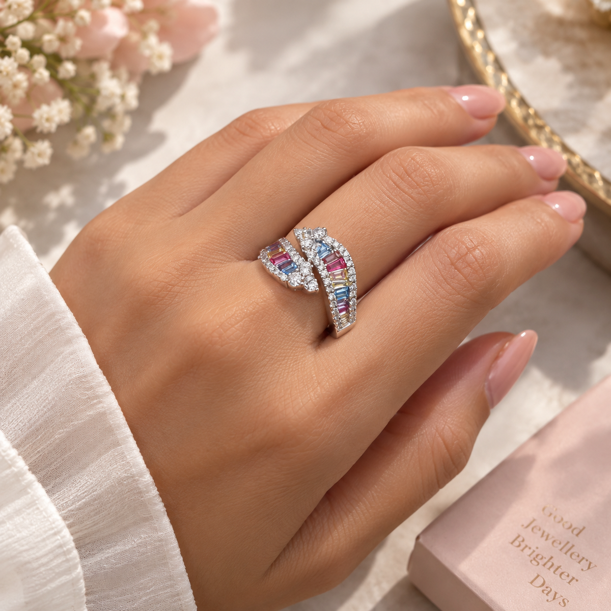 Rainbow Silver Crossover Ring