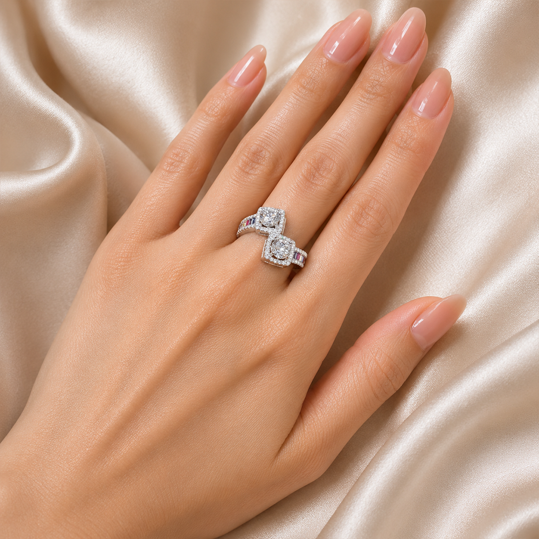 Rainbow Halo Solitaire Ring