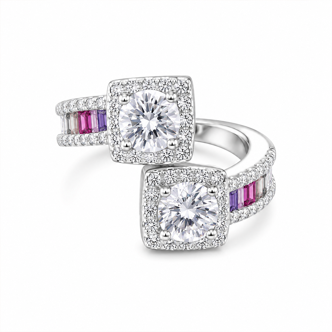 Rainbow Halo Solitaire Ring