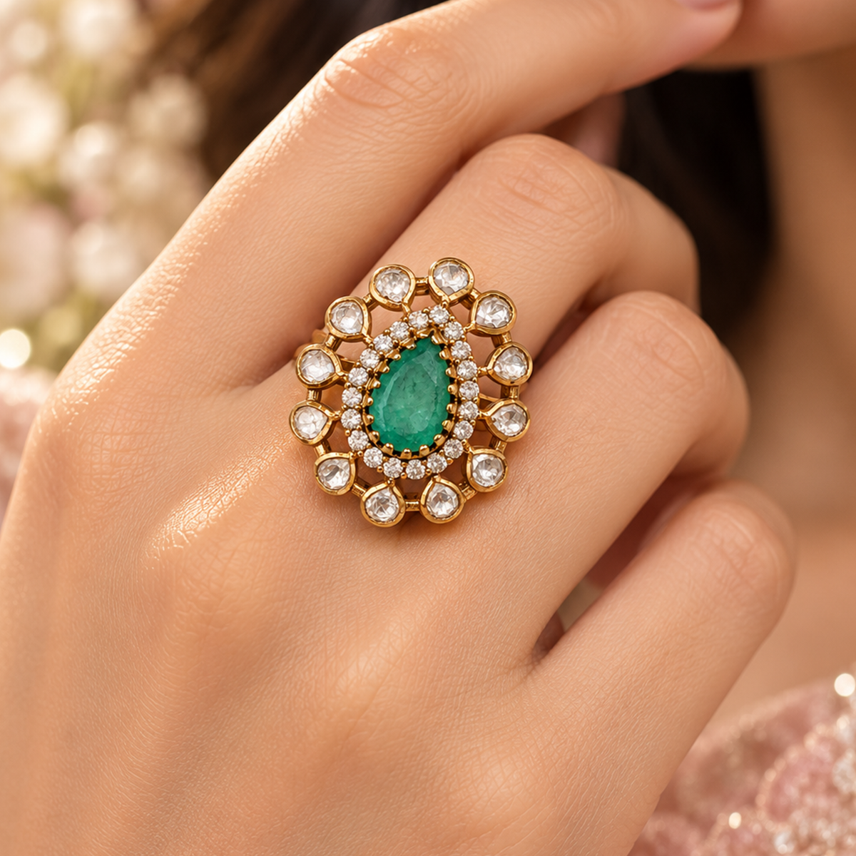 Rani Polki Moissanite Silver Ring