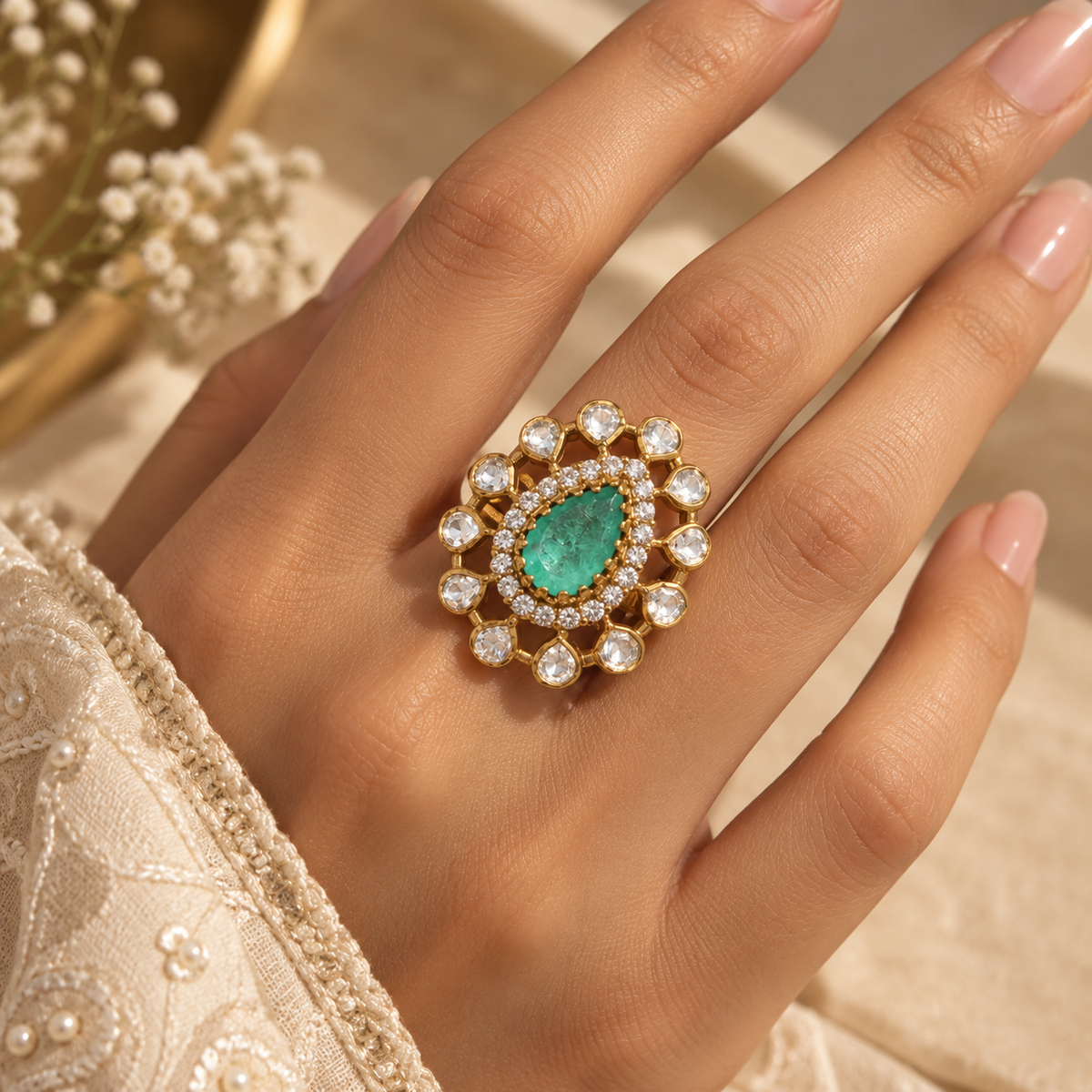 Rani Polki Moissanite Silver Ring