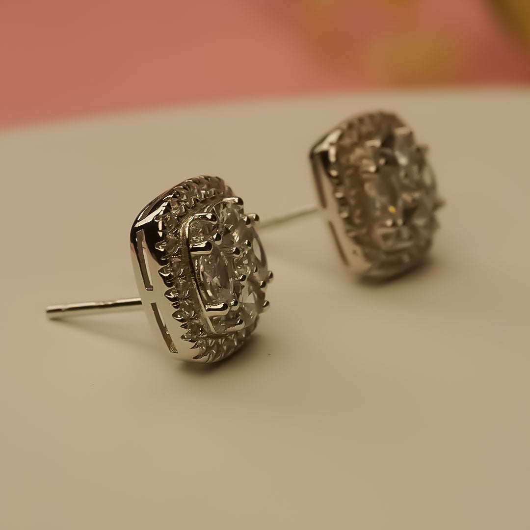 Rectangle Solitaire 925 Silver Stud Earrings