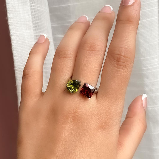 Emerald Flame – Adjustable Ruby & Green Stone Ring Pure 925 Silver