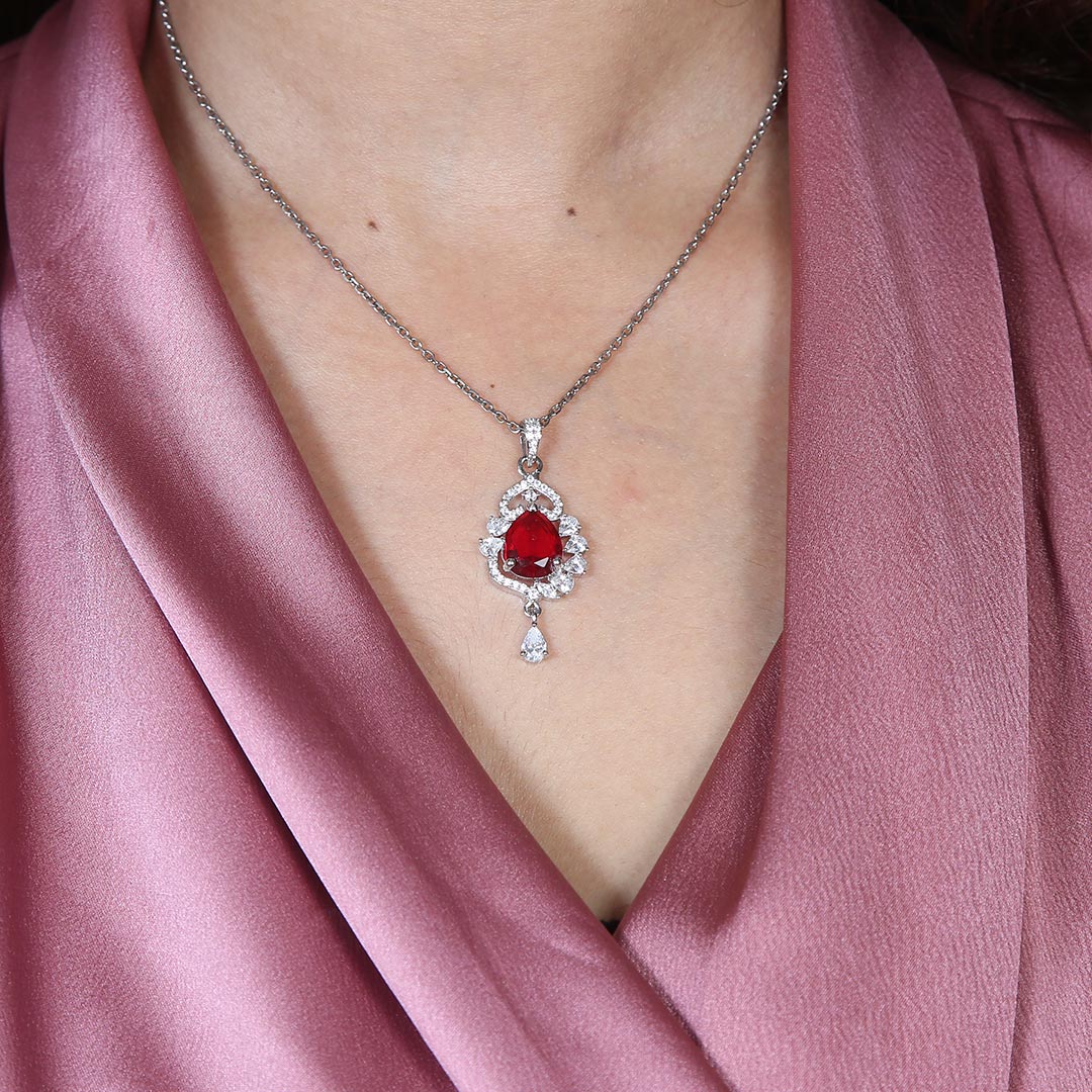 Ruby Pendant Set With Chain Pure 925 Silver