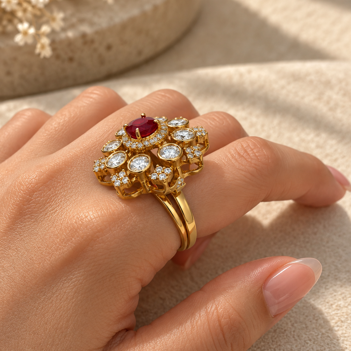 Ruby Polki Moissanite Ring