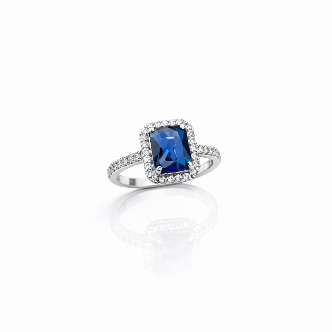 Saphire Halo Silver Ring