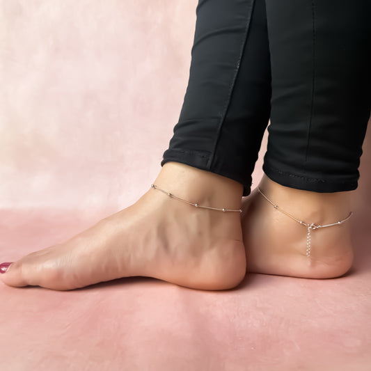 Pure 925 Silver Beaded Anklet(Pair)