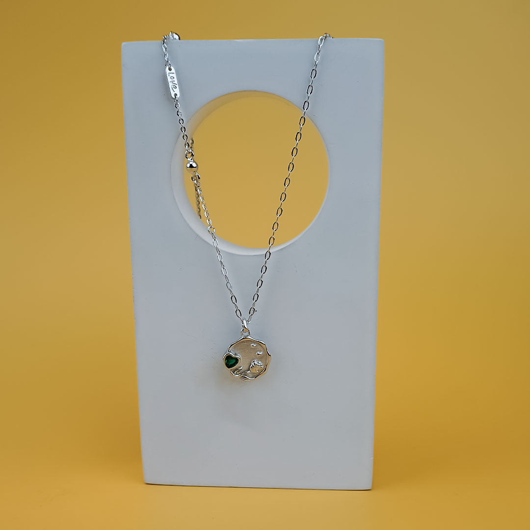 Emerald Heart Silver Necklace With Earrings| 925 Silver