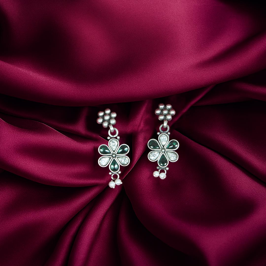Silver Green Jhumki Earrings — Pure 925 Sterling Silver