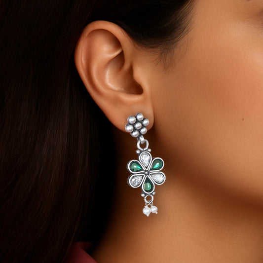 Silver Green Jhumki Earrings — Pure 925 Sterling Silver