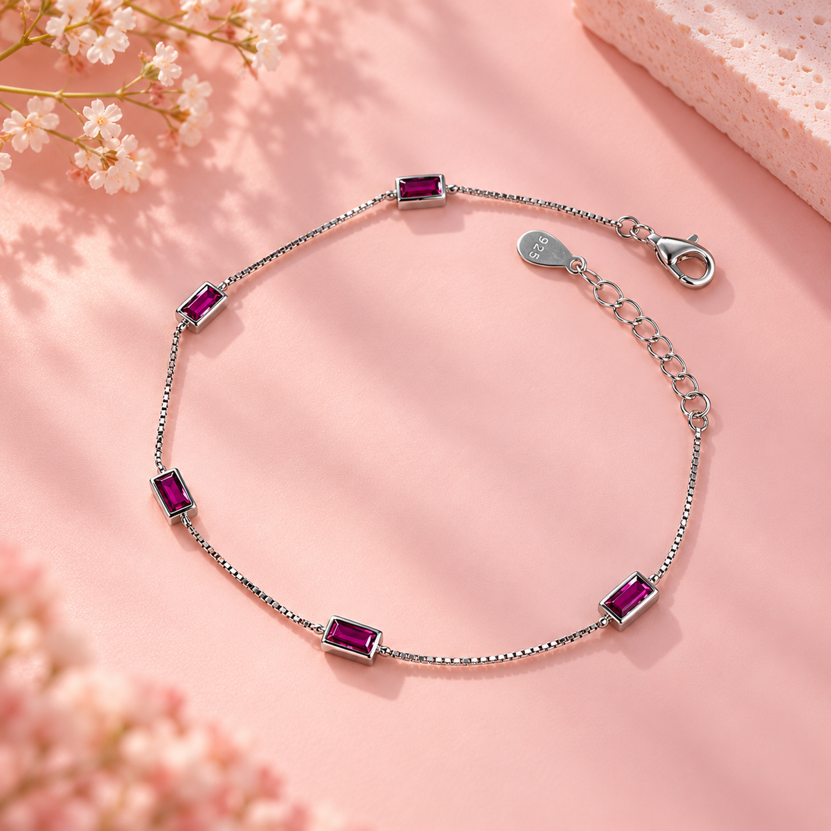 925 Silver Magenta Baguette Bracelet Taravya