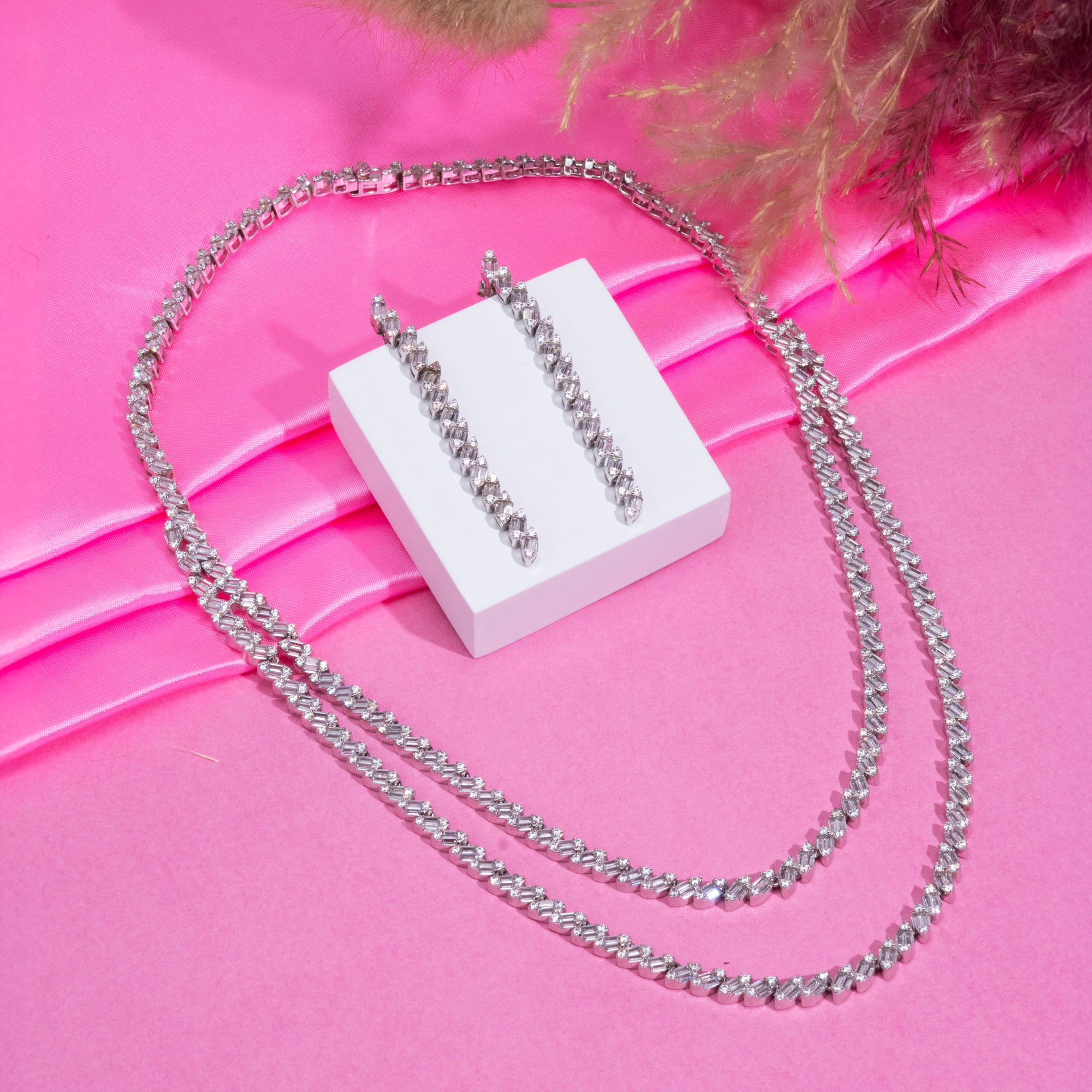 Slant Crystal Necklace Set Pure 925 Silver