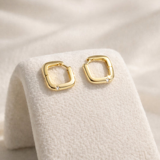 Sleek Gold Square Zircon Hoops Pure 925 Silver