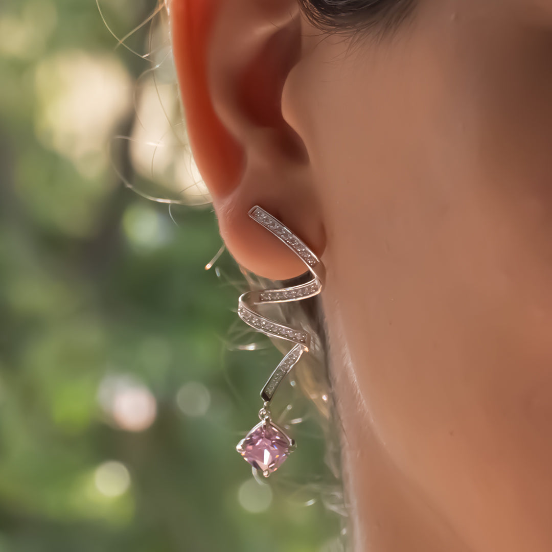Spiral Pink Crystal Drop Pure 925 Silver Earrings