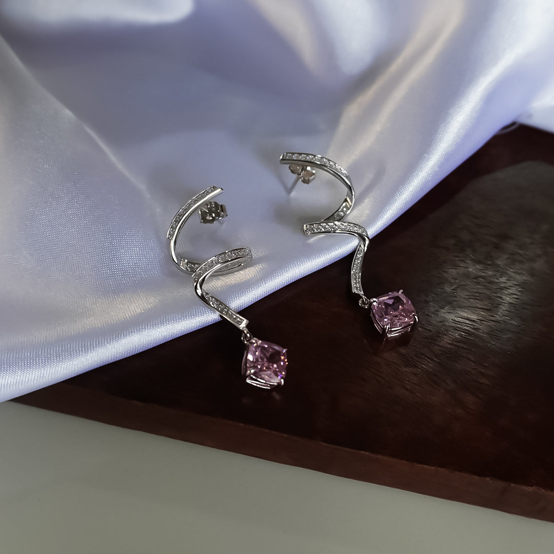 Spiral Pink Crystal Drop Pure 925 Silver Earrings