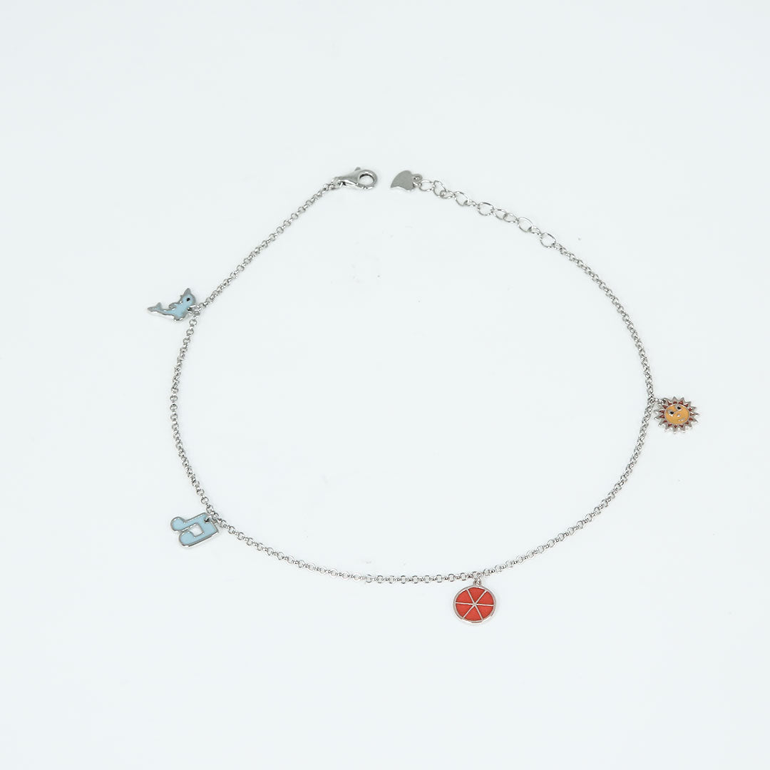 Silver Orange Melody Charm Anklet Pair Pure 925 Silver