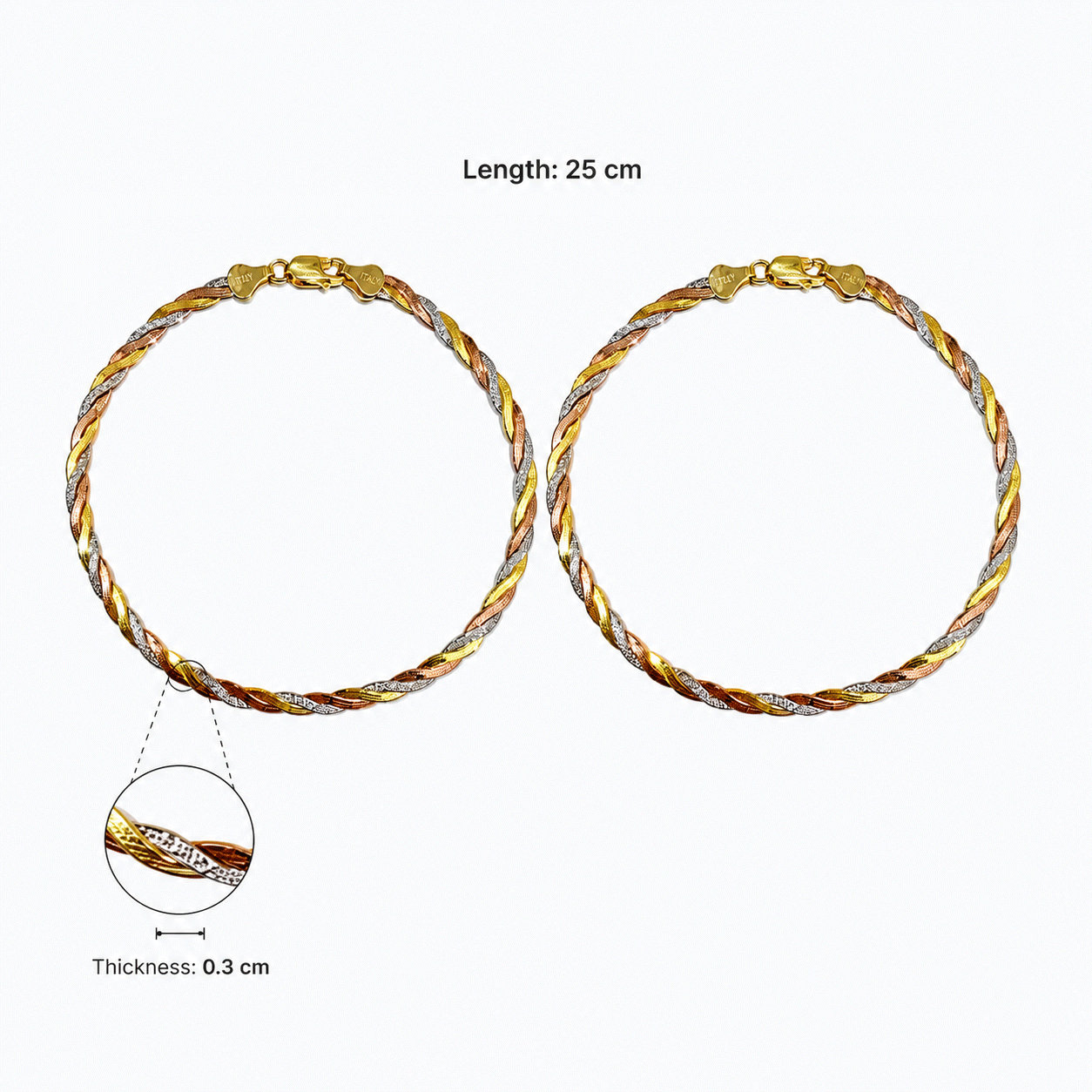 Italian Tricoloured Pure Silver Anklet (Single)