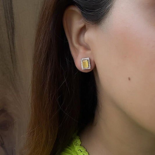 Yellow Rectangle Zircon Earrings Pure 925 Silver