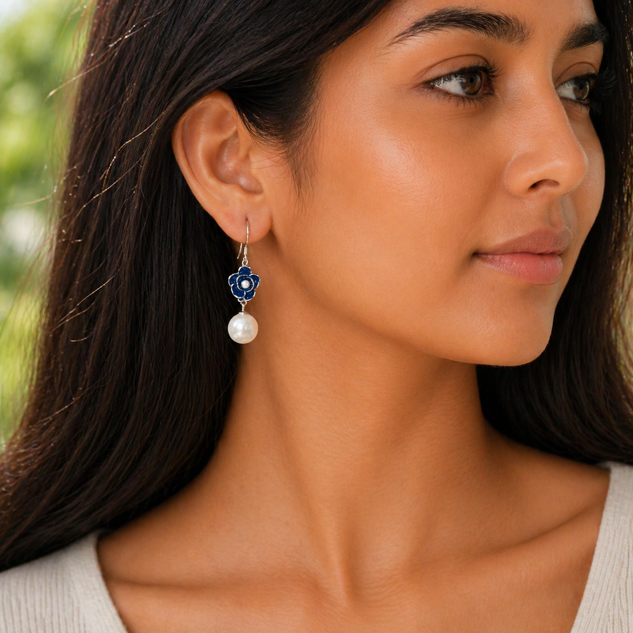 Blue Petal Pearl Drop Earrings