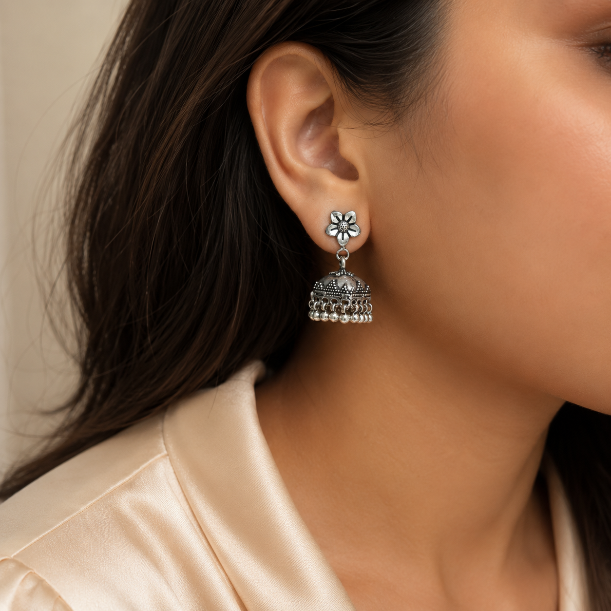 Jaipuri Oxidized Jhumki Pure 925 Silver