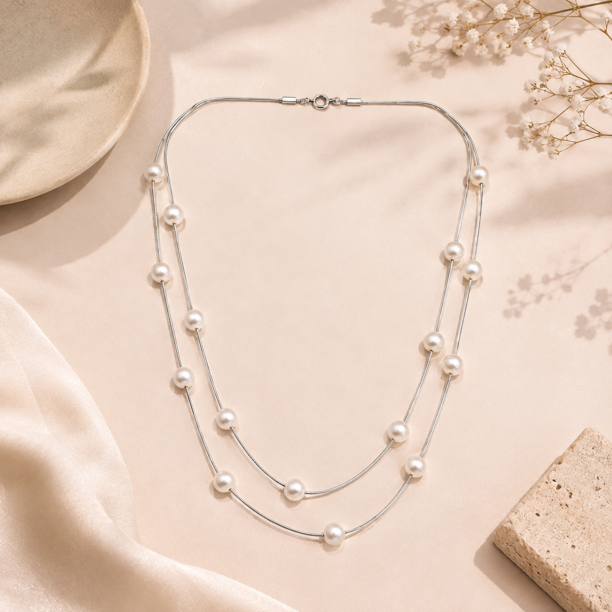 Pearl Double Layer SIlver Necklace