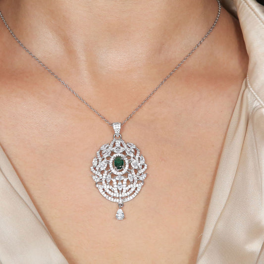 Emerald Regal Pendant Set Pure 925 Silver