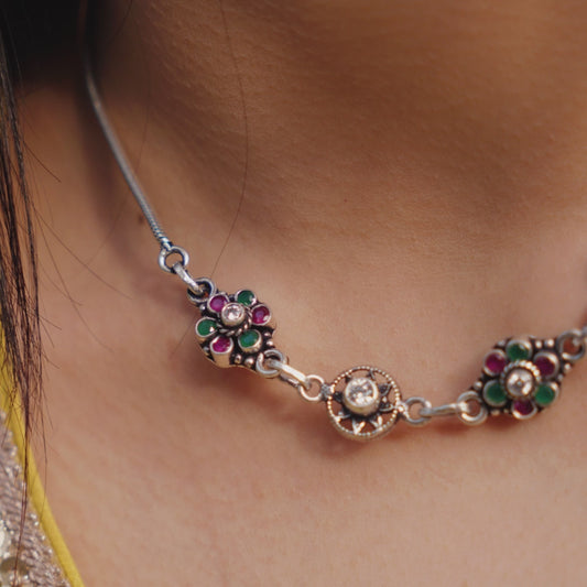 Regal Bloom Oxidised Necklace & Earring Set Pure 925 Silver