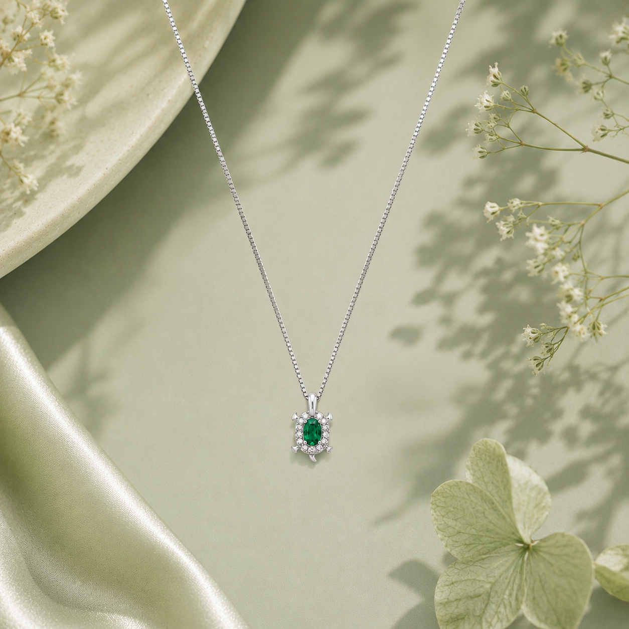 Emerald Turtle Silver Necklace